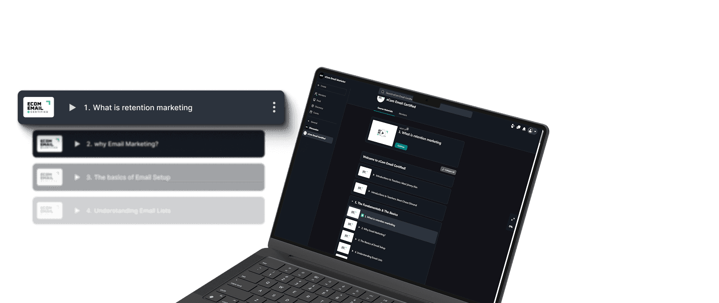 The eCom Email Certified course platform shown on a laptop, with floating lesson cards from Module 1: Retention Marketing Fundamentals.