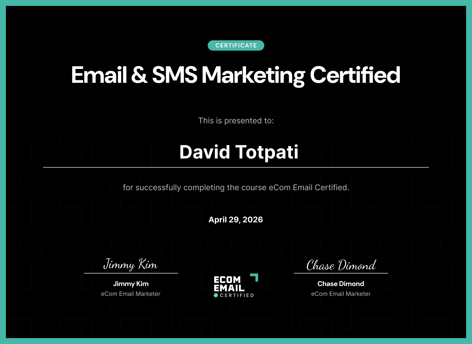 Sample eCom Email Certified certificate awarded on program completion